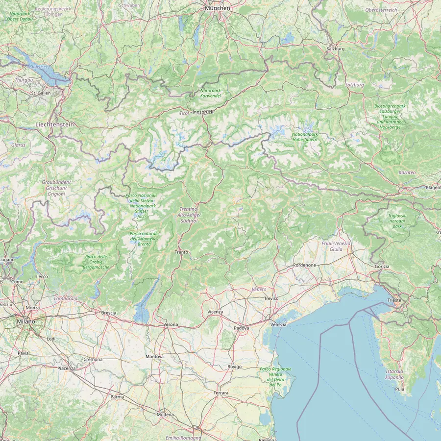 Map of the Dolomites region with the Venice, Verona and Innsbruck airports, Trento, Bolzano, Ponte Gardena, Ortisei and Molveno