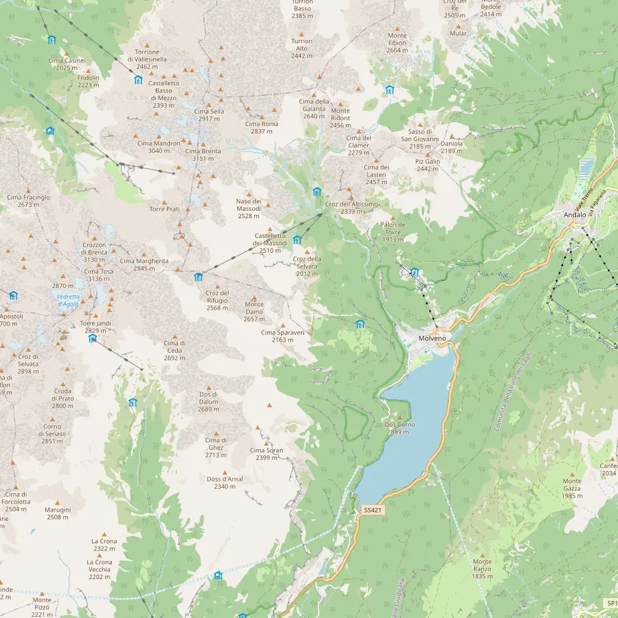 Map of the Brenta Dolomites above Molveno with Pradel, La Montanara, Croz dell'Altissimo, Selvata, the Tosa and Pedrotti huts, the Bocca di Brenta and Lake Molveno