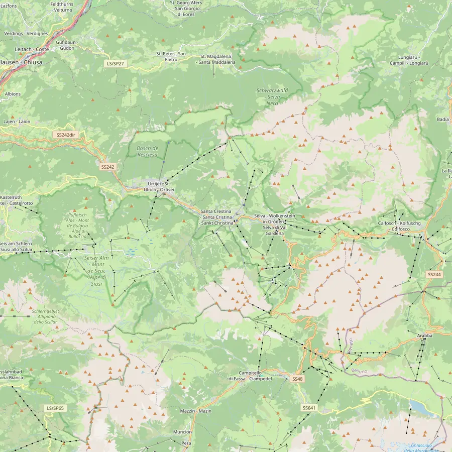 Map of Val Gardena with Ortisei, Santa Cristina, Selva, Seceda, Resciesa, the Sassolungo, Compatsch on the Alpe di Siusi, the Puez hut and Passo Sella