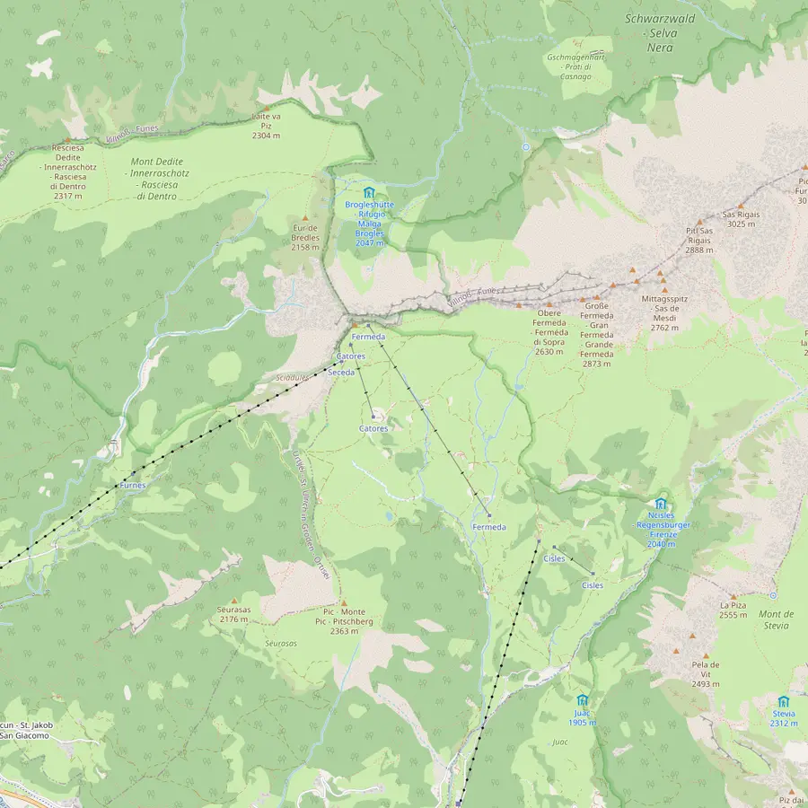 Map of Seceda with the summit, Furnes, Pieralongia, the Fermeda hut, Col Raiser and the Forcella de Mesdì